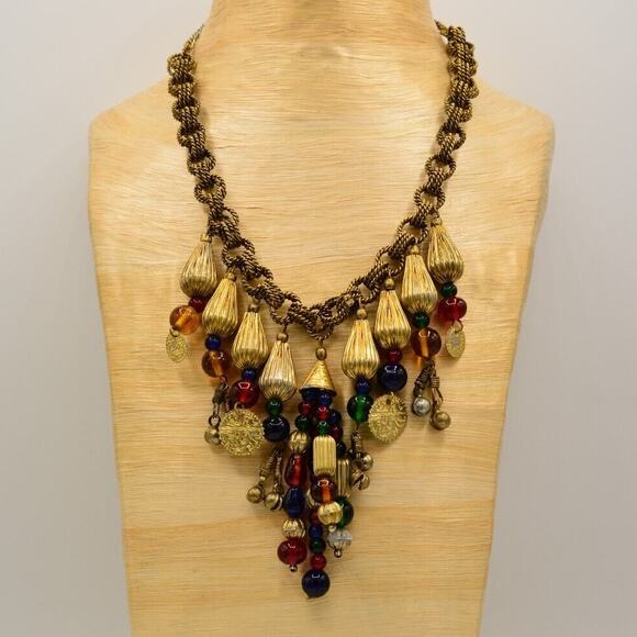 Vintage Beaded Necklace Lucite Cabochon Antiqued Gold Chunky Bold 1970s Bin3C